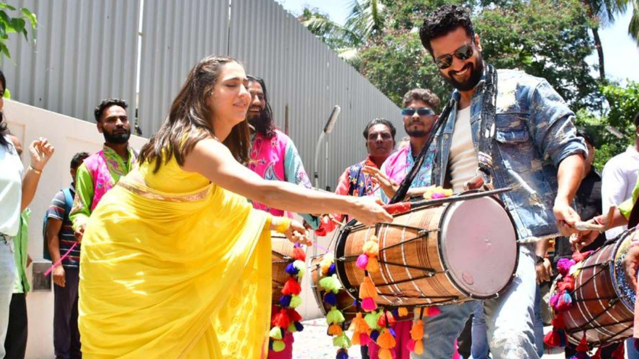 Vicky Kaushal and Sara Ali Khan play dhol