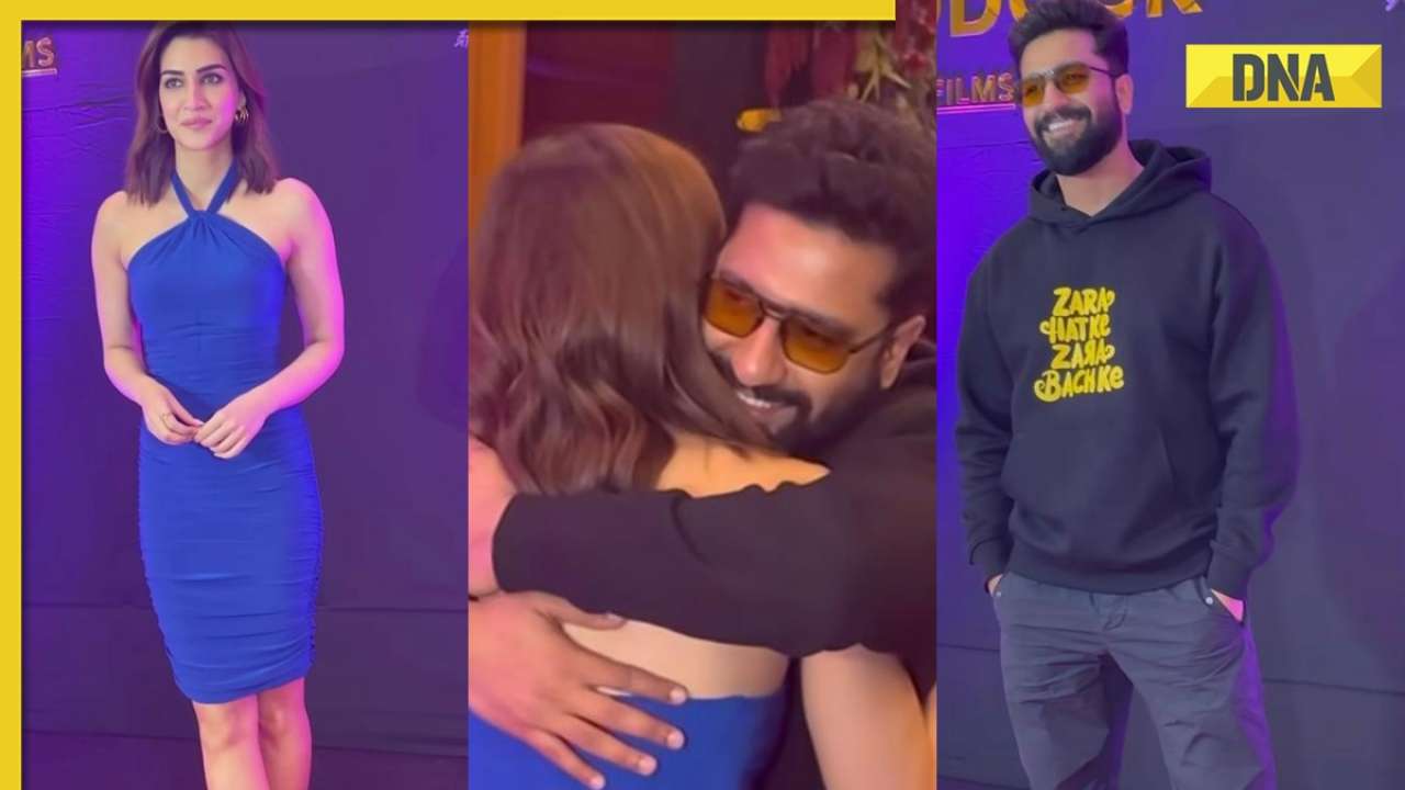 Watch: Vicky Kaushal gives warm hug to Kriti Sanon at Zara Hatke Zara Bachke bash, fans joke ‘Katrina dekhegi toh…’