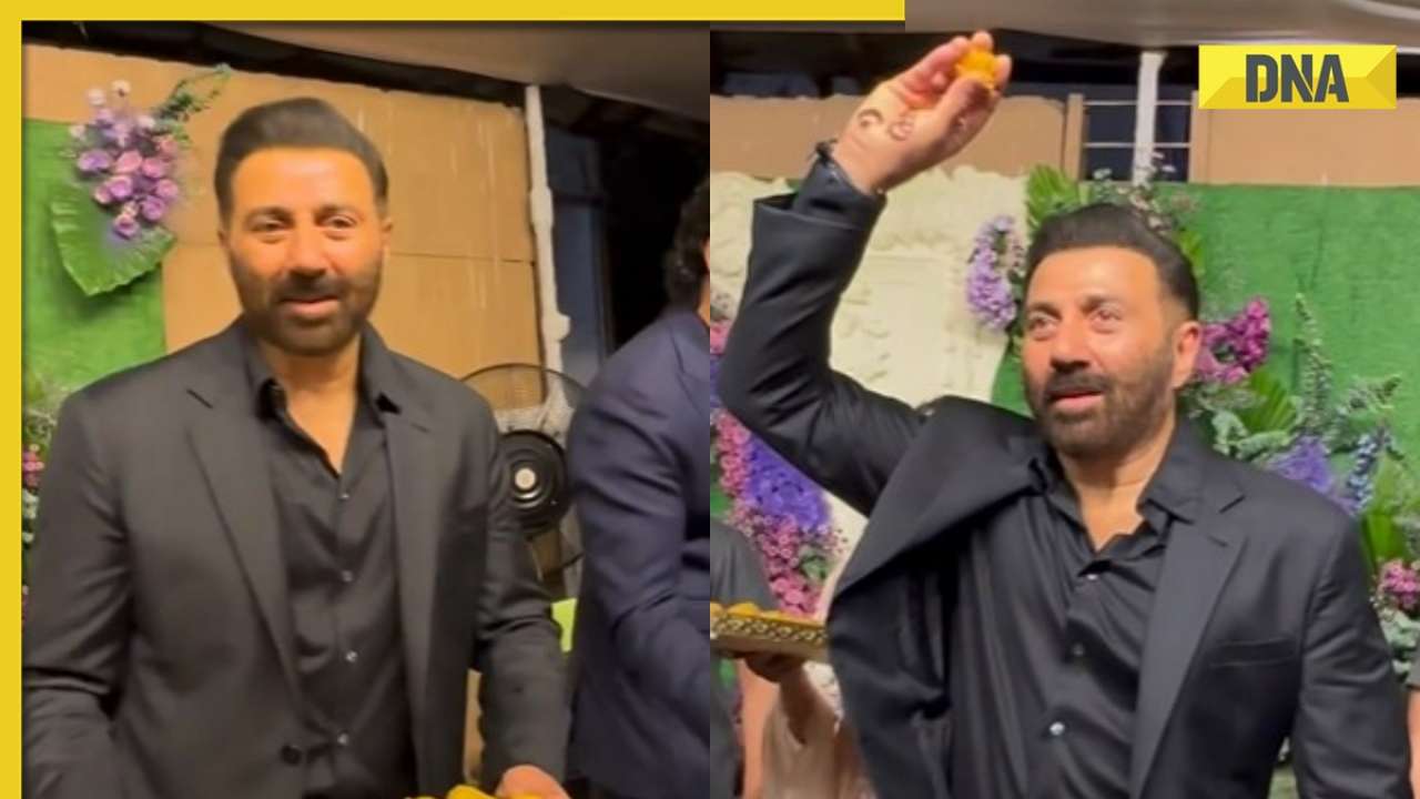 Karan Deol-Drisha Acharya reception: Sunny Deol distributes laddoos to paps, netizens say 'ek ek dabba hi baant dete'