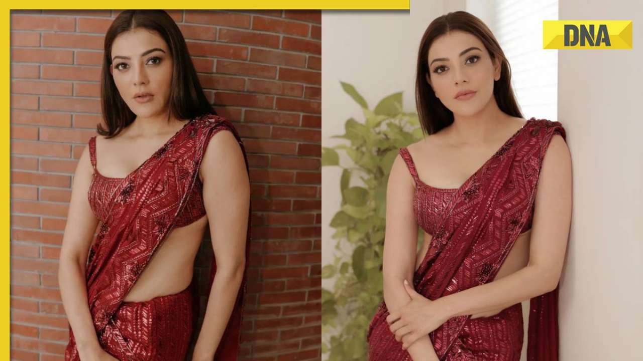 Kajal Aggarwal shines in her heavy embellished gold saree and plunge neck blouse  design