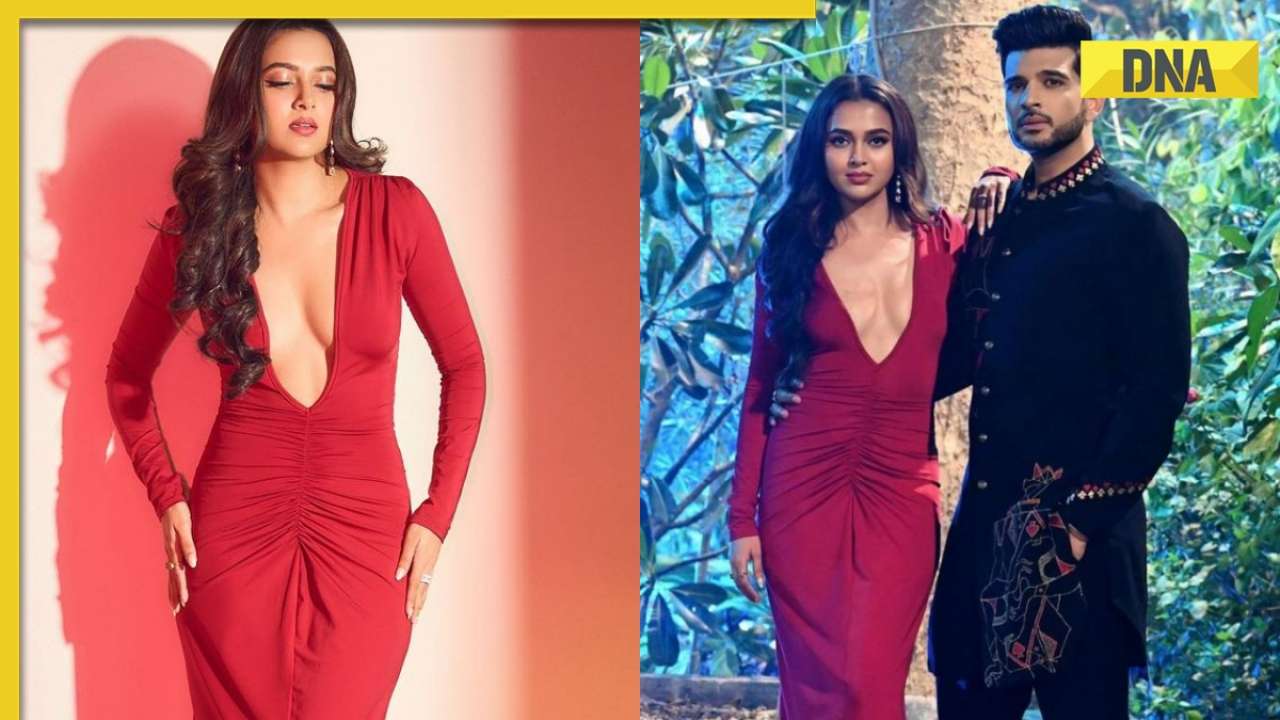 Tejasswi Prakash burns the internet in red body-hugging gown with deep plunging neckline, Karan Kundra reacts 