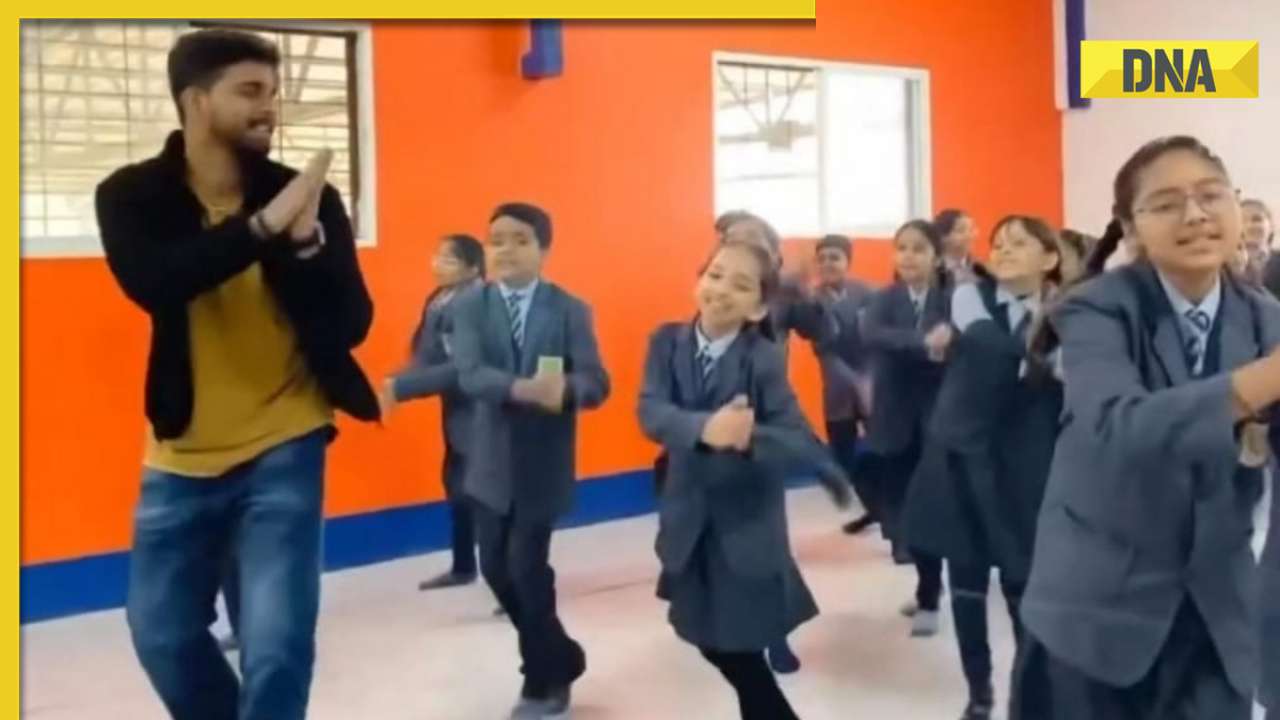 Watch: School teacher dances to 'Keejo Kesari Ke Laal' bhajan with students, internet is impressed