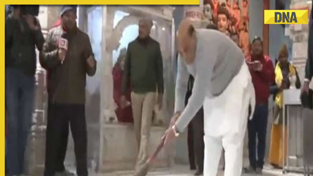 Video: Defence Minister Rajnath Singh cleans Hanuman Setu temple in Lucknow ahead of 'Pran Pratishtha' event
