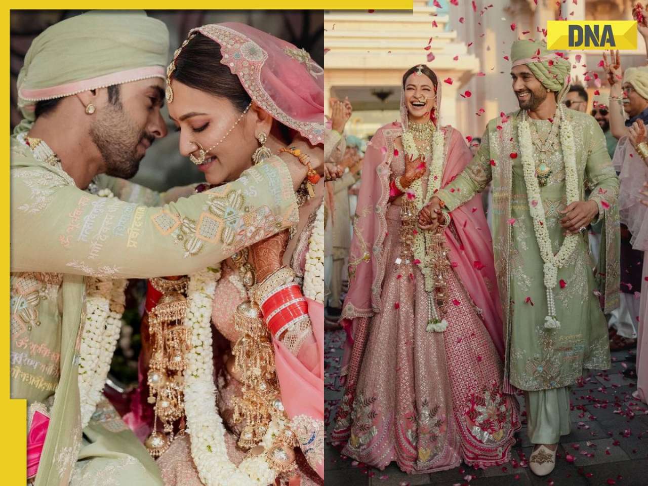 Decoding Kriti Kharbanda and Pulkit Samrat's pastel wedding outfits