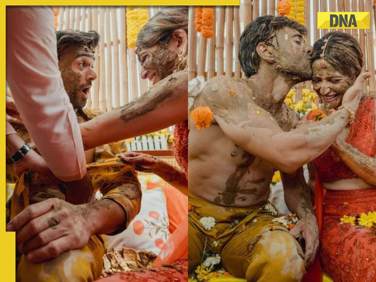 Kriti Kharbanda gets kiss from Pulkit Samrat, tears his clothes in fun pics from their ‘unconventional’ haldi ceremony