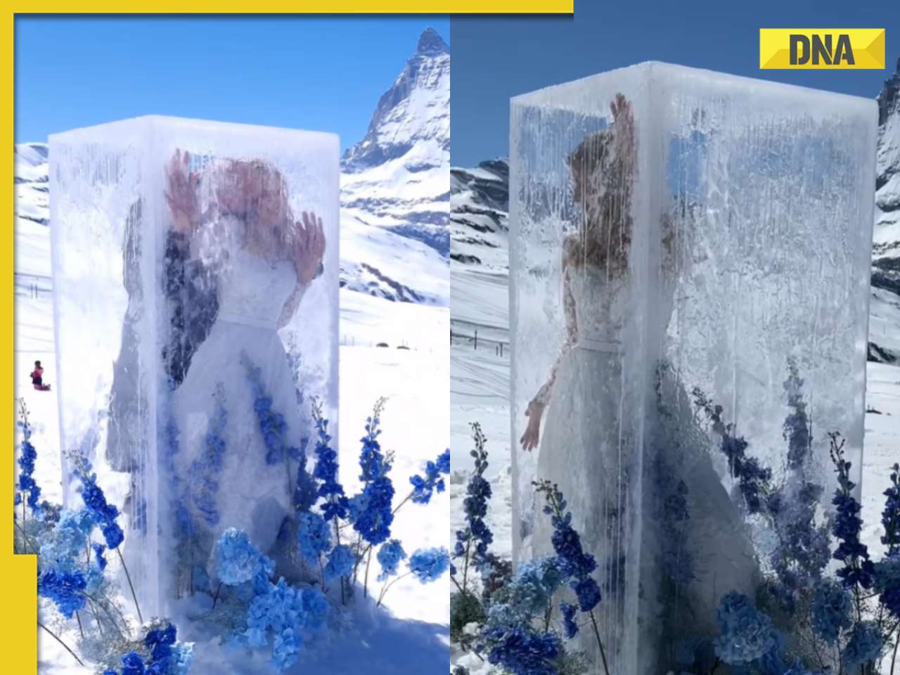 Viral video: Bride makes dramatic entrance from giant ice cube at snowy Alpine wedding in Switzerland