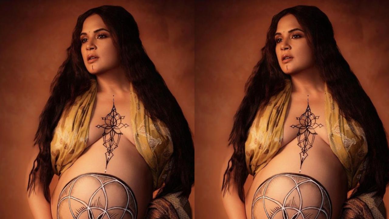 geometry symbols on Richa Chadha Baby Bump