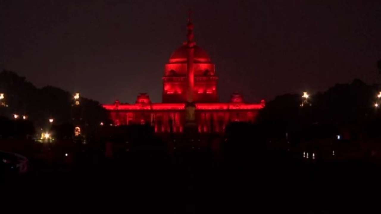 Rashtrapati Bhawan lit up in red