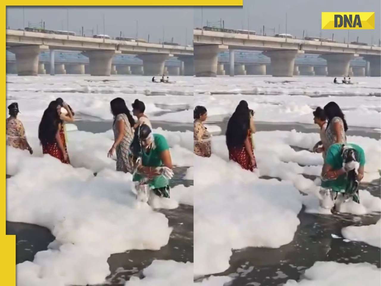 Viral video: Netizens react in shock as woman washes hair with toxic foam from Yamuna river, watch