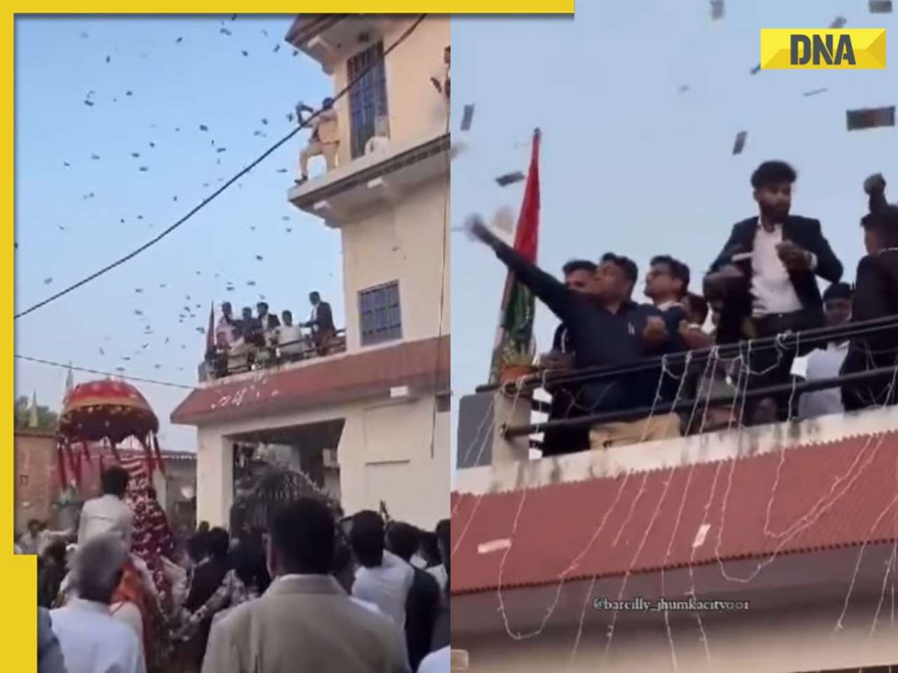 Rs 200, Rs 500 in air! Guests climbs JCB to shower Rs 20 lakh at UP wedding procession, WATCH here