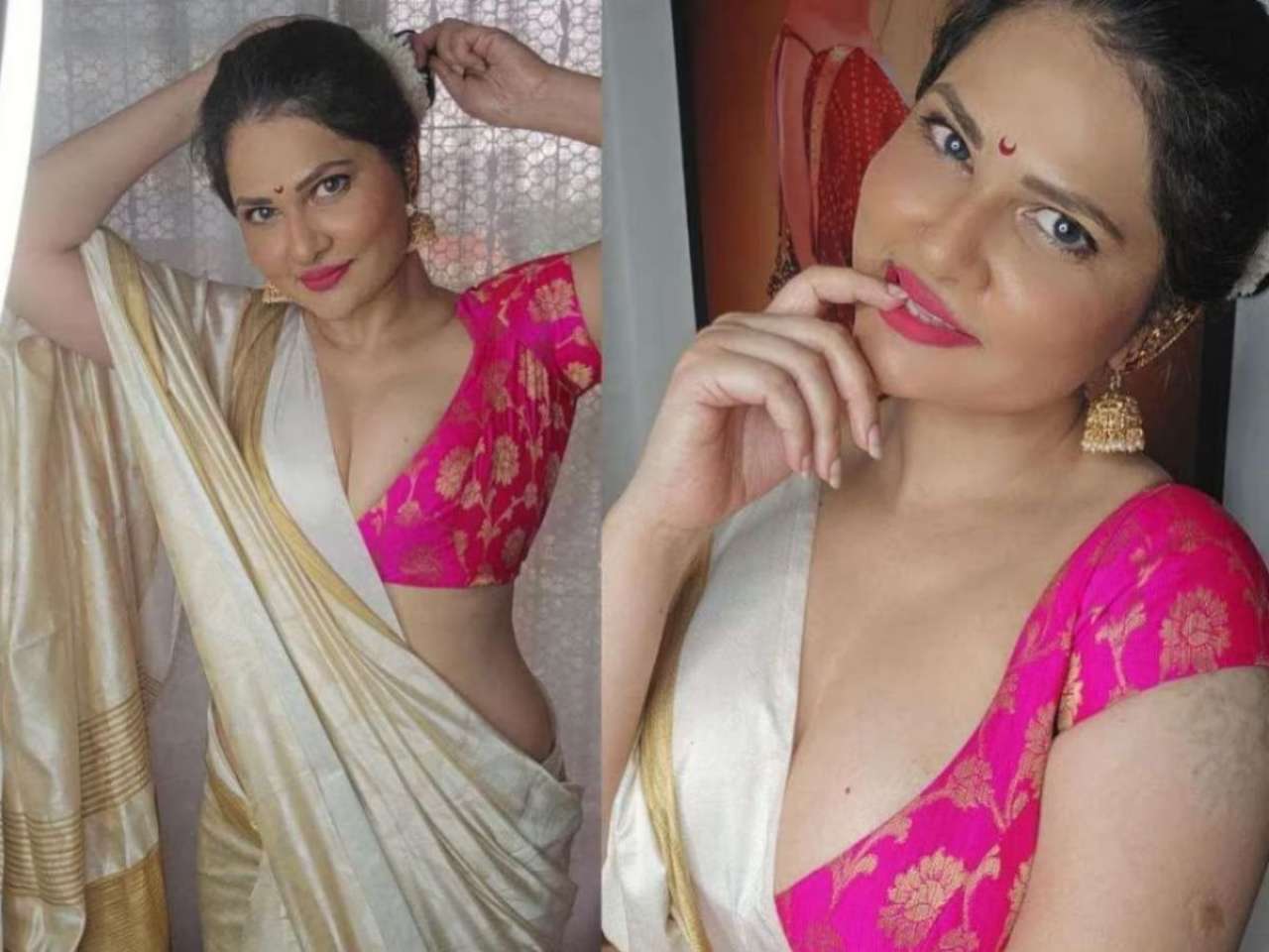 Sexy Aabha Paul making pink saree fiery hot