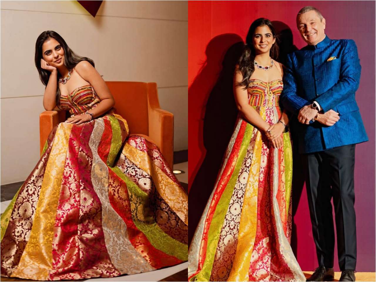 Isha Ambani's multi coloured weave lehenga