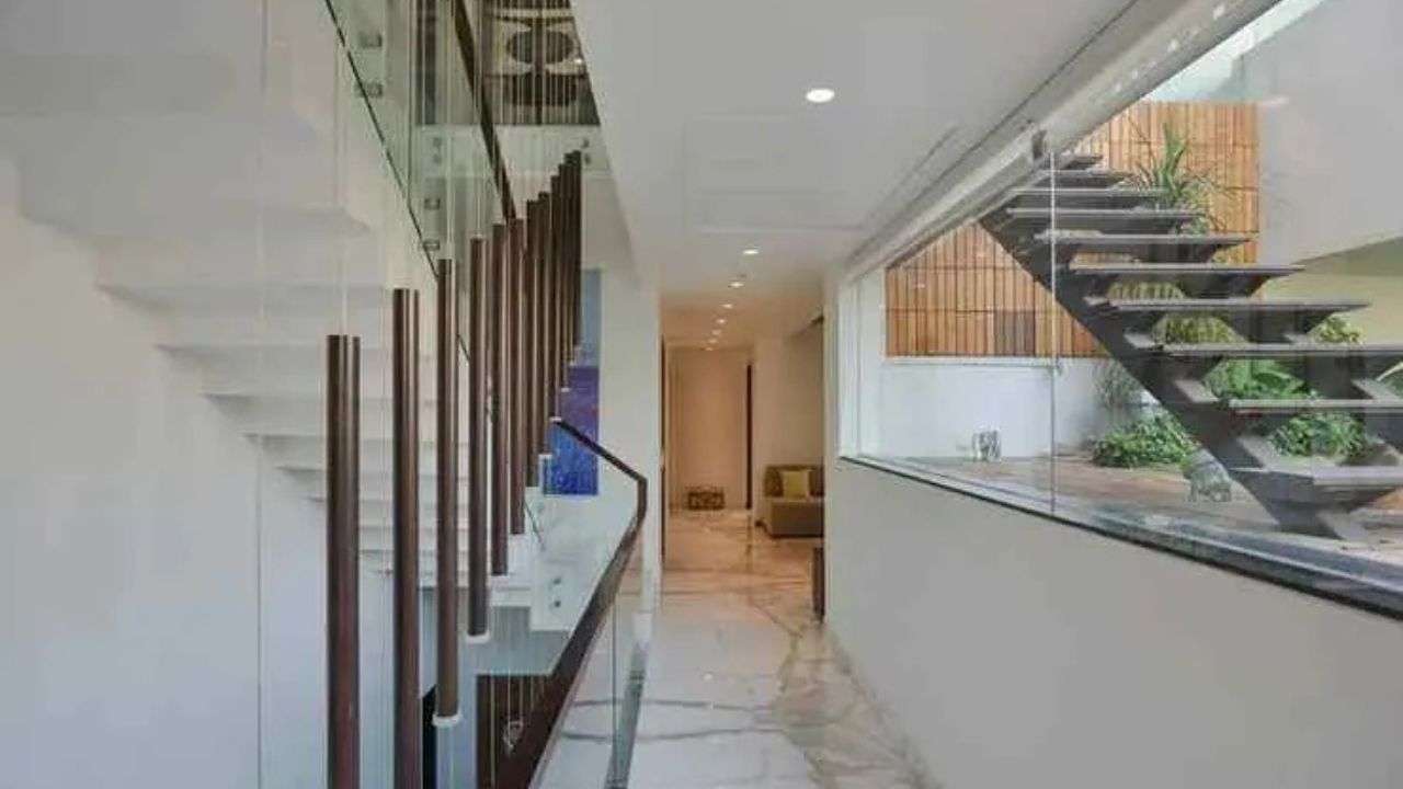 Hanging pool and Wooden Staircase