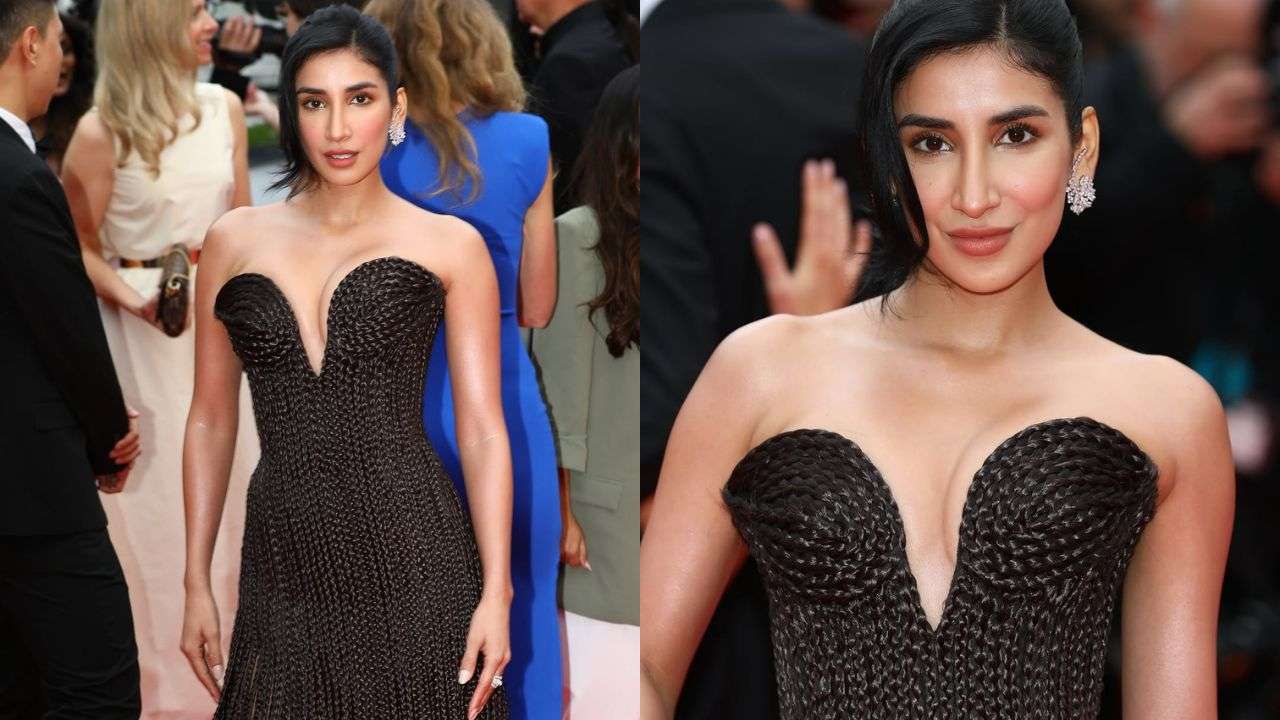 Parul Gulati in a strapless braided black hair dress