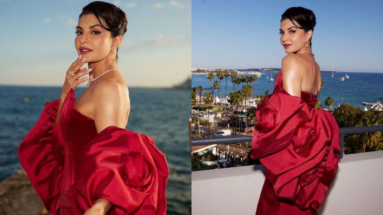 Jacqueline Fernandez in a crimson corset gown