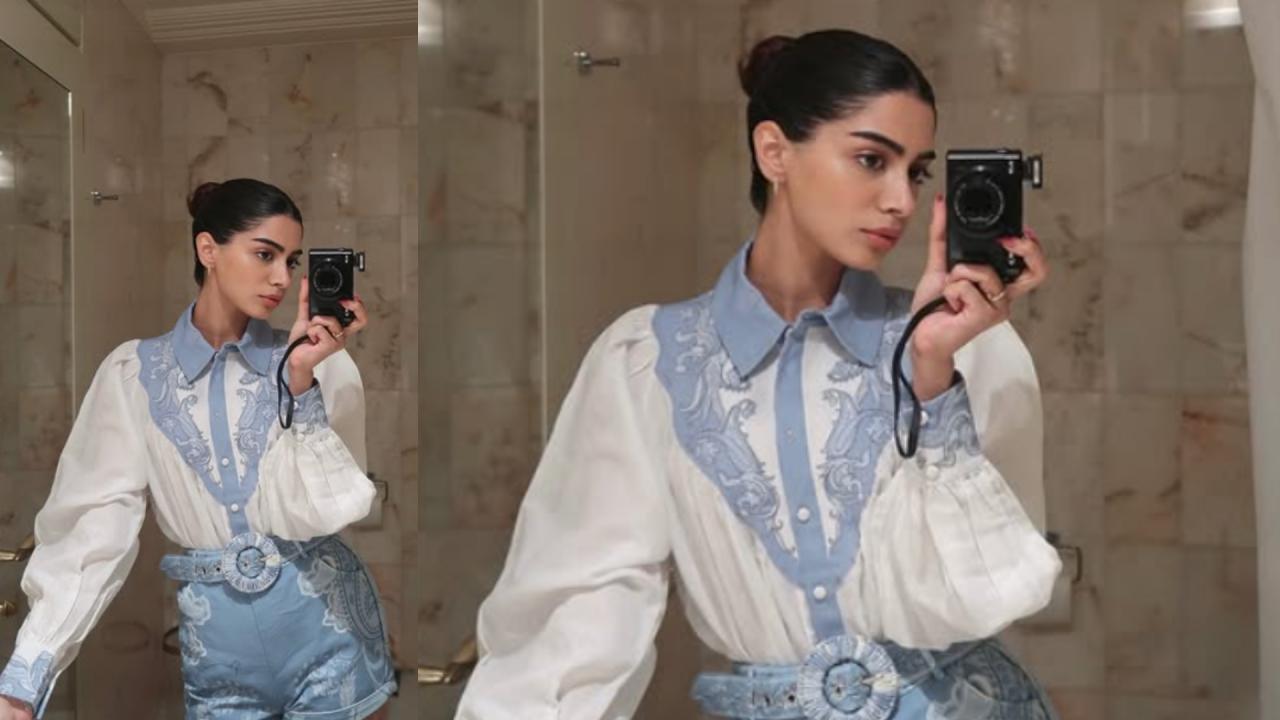 Khushi Kapoor taking Mirror Selfie In This Blue White Outfit