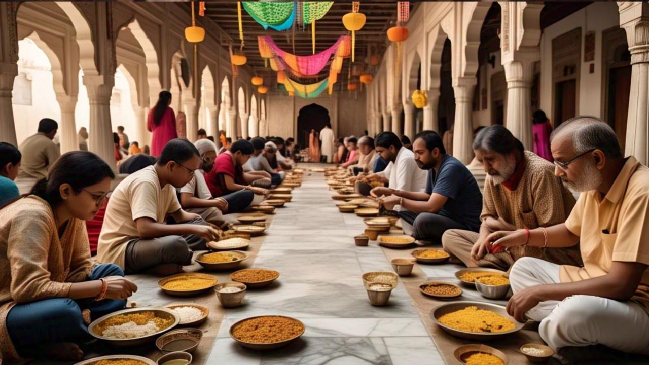 फर्श पर बैठकर एक साथ खाना खाते हैं लोग