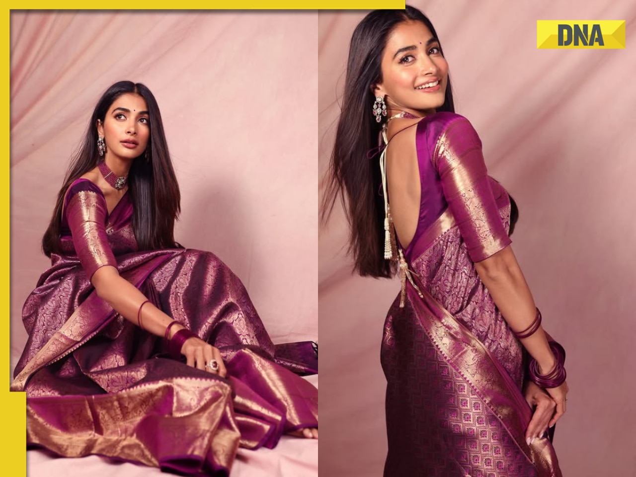 In Pics: Pooja Hegde exudes charm, classic look in purple kanjivaram saree
