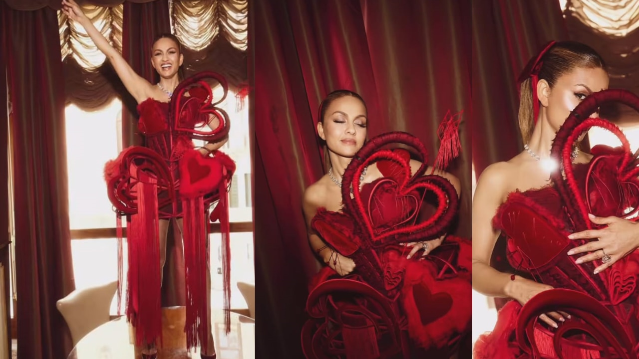 Natasha's outfit features 3-D velvet hearts
