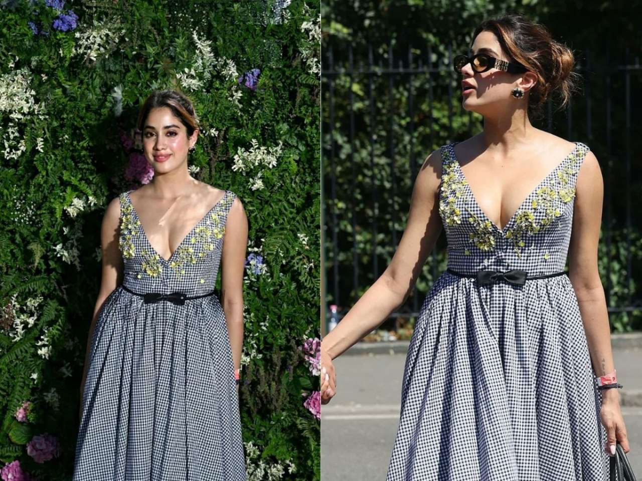Looking chic in Mui Mui blue-and-white dress