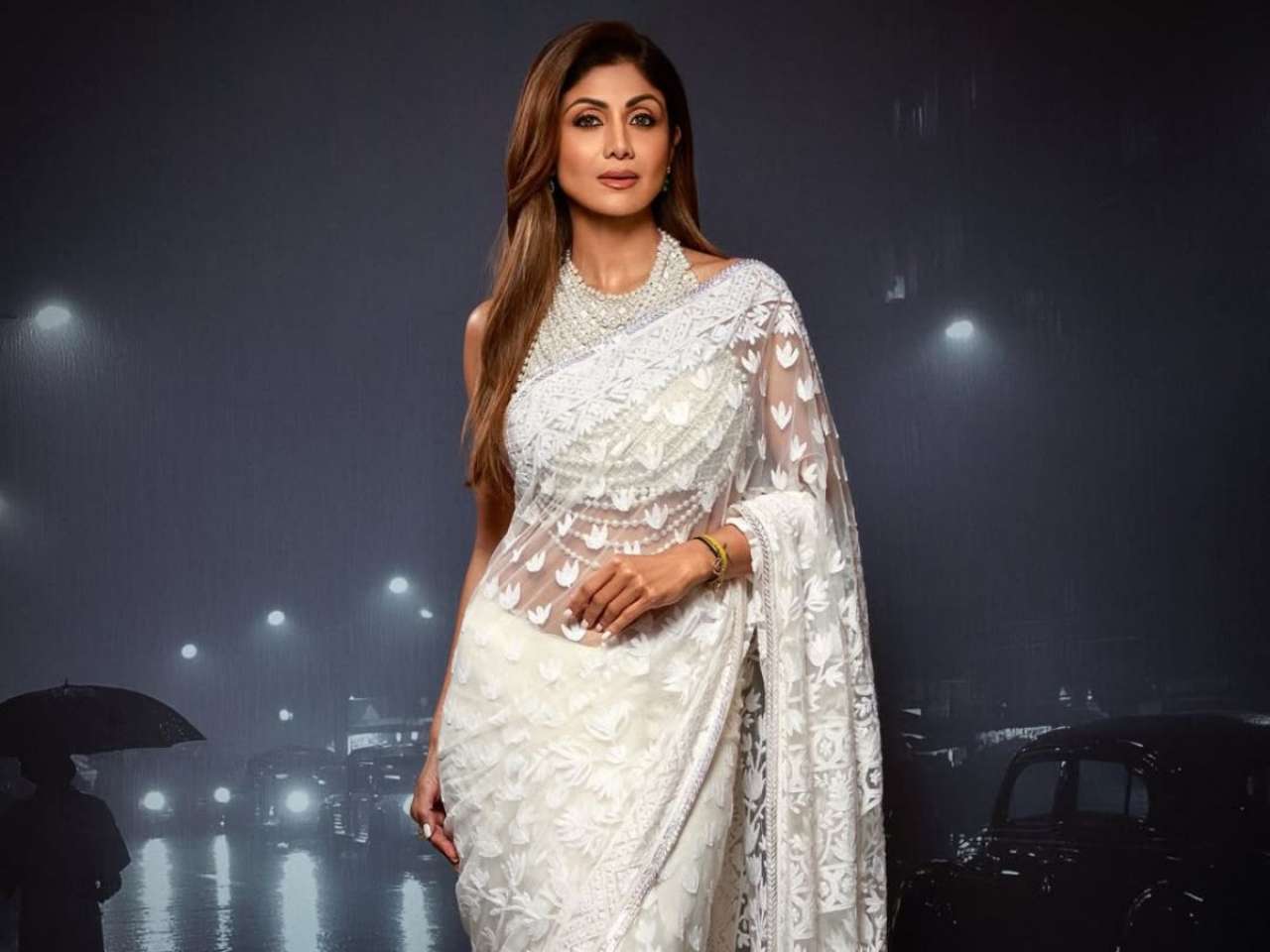 Shilpa turned heads in an ethereal white pearl saree