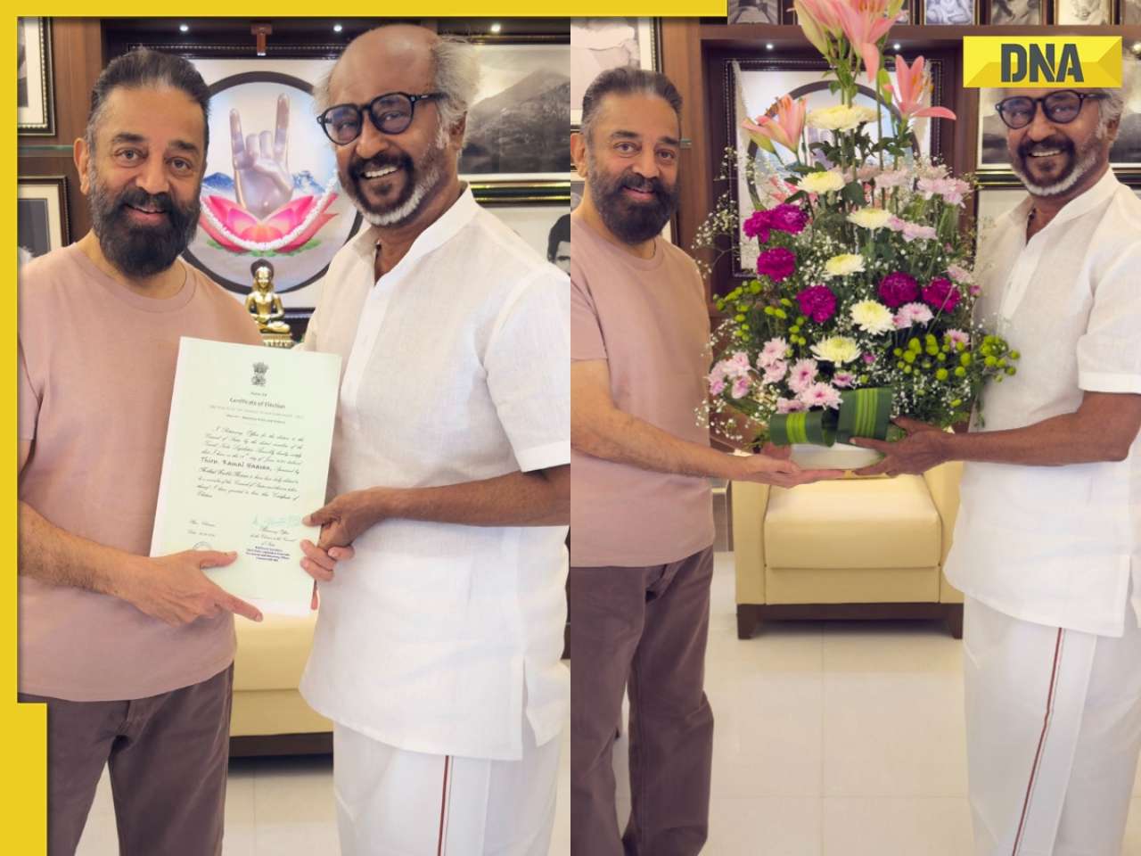 Ahead of his Rajya Sabha oath-taking ceremony, Kamal Haasan meets friend Rajinikanth; see viral photos
