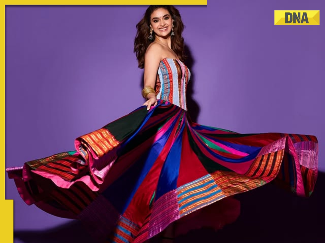 In PICS: Keerthy Suresh turns heads in bold colour rainbow lehenga for upcoming film promotions