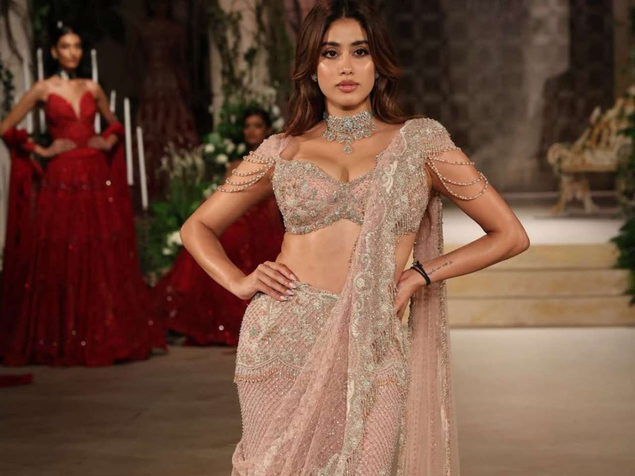 A fish-cut lehenga in shimmer and blush hues