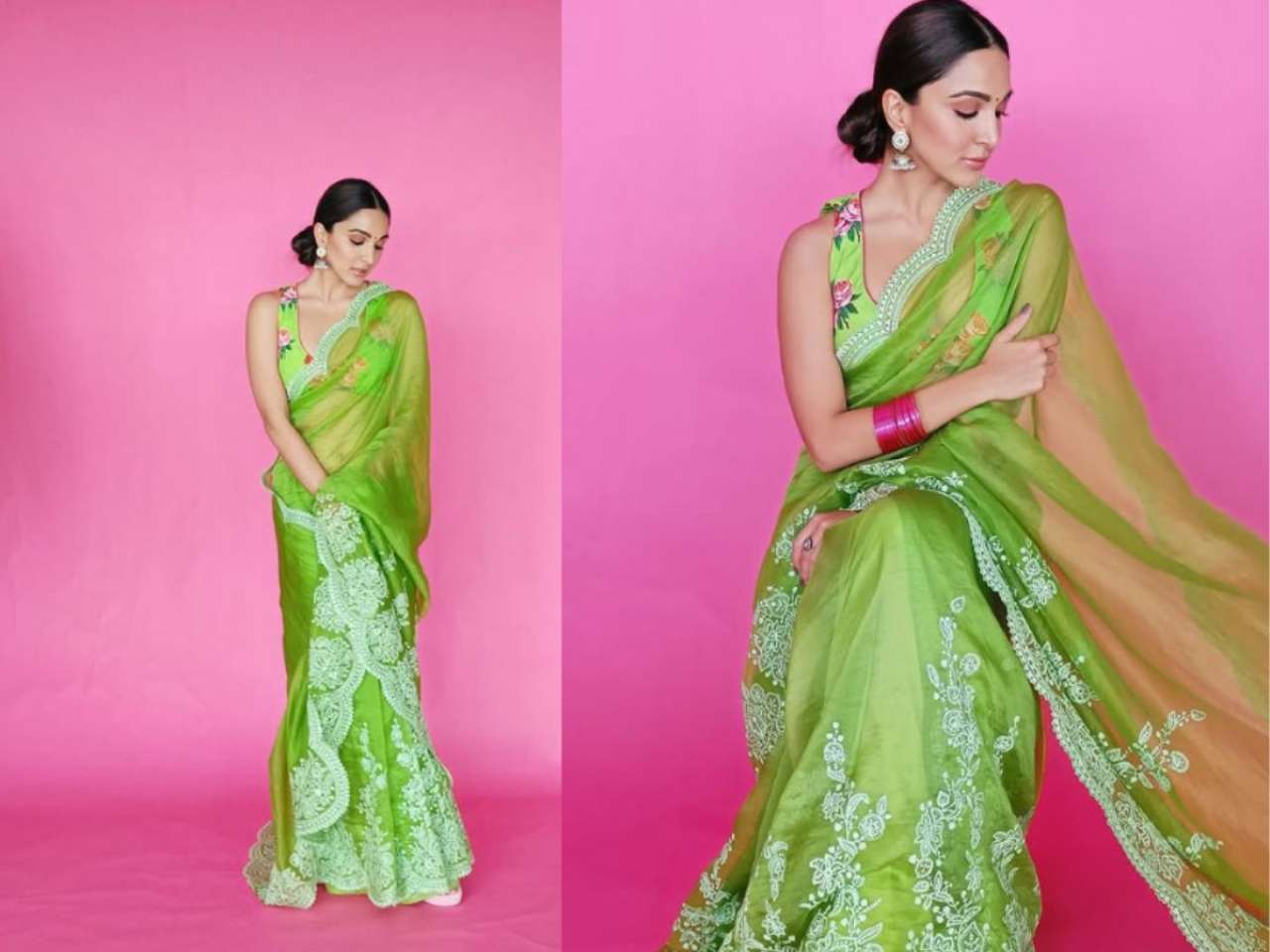 Parrot green saree with white detail