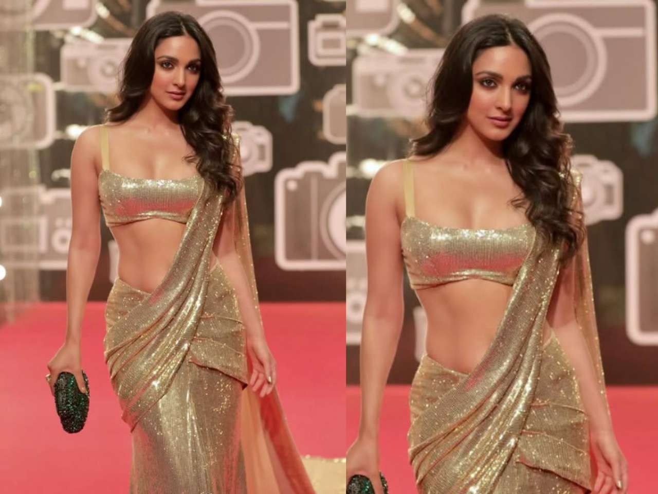 Shimmery gold saree for evening bombshell energy