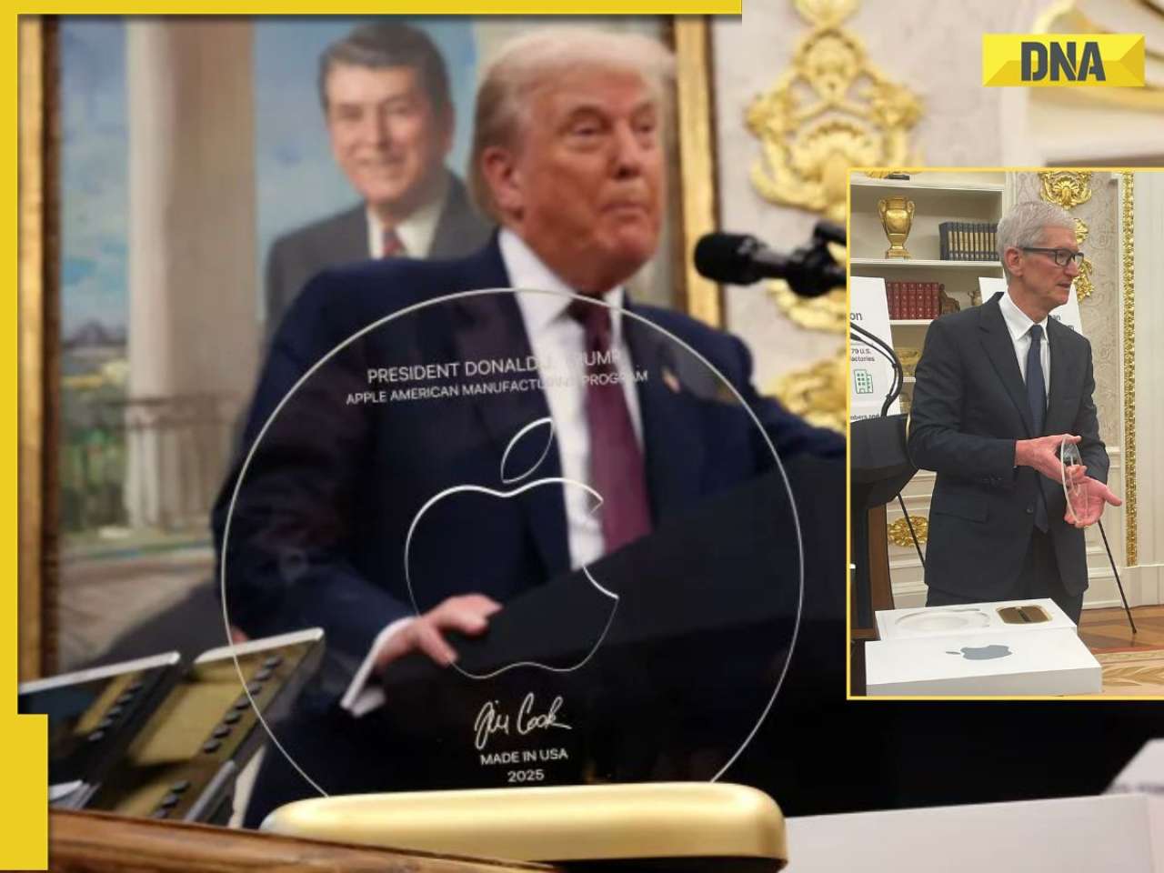 After 100 billion USD investment, Apple CEO Tim Cook presents 'made in America' 24k gold gift to US President Donald Trump, watch video