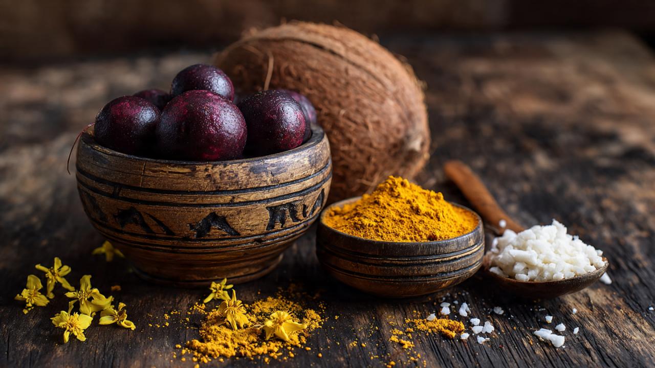 नारियल, जामुन और हल्दी