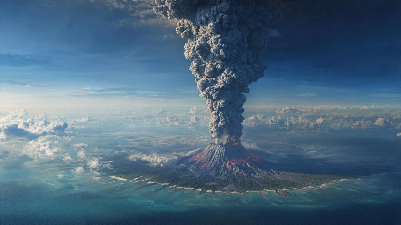 सुनामी, द्वीप का ढहना और 200 मेगाटन ऊर्जा