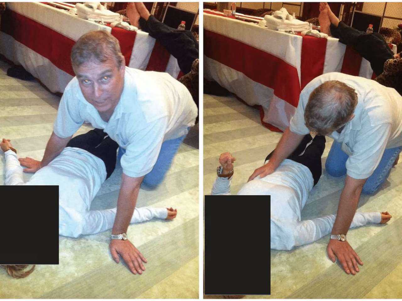 Prince Andrew lying on a floor with a female