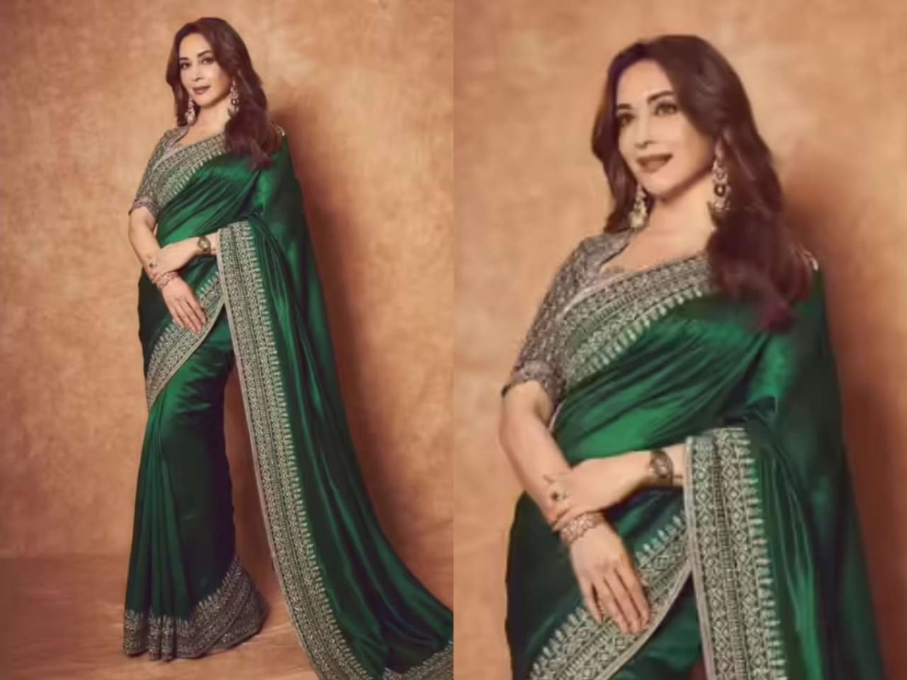 Bottle-green embroidered saree: