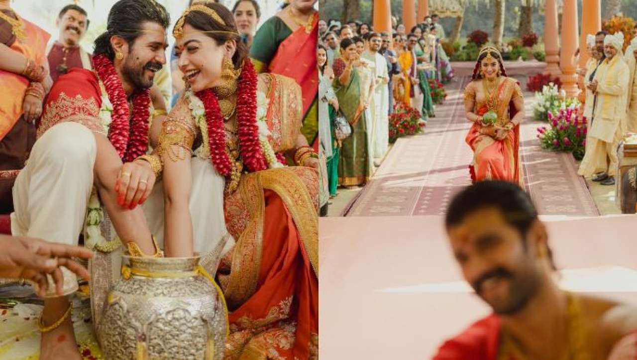 sachin and babi light blue dress Rashmika Engagement Dress