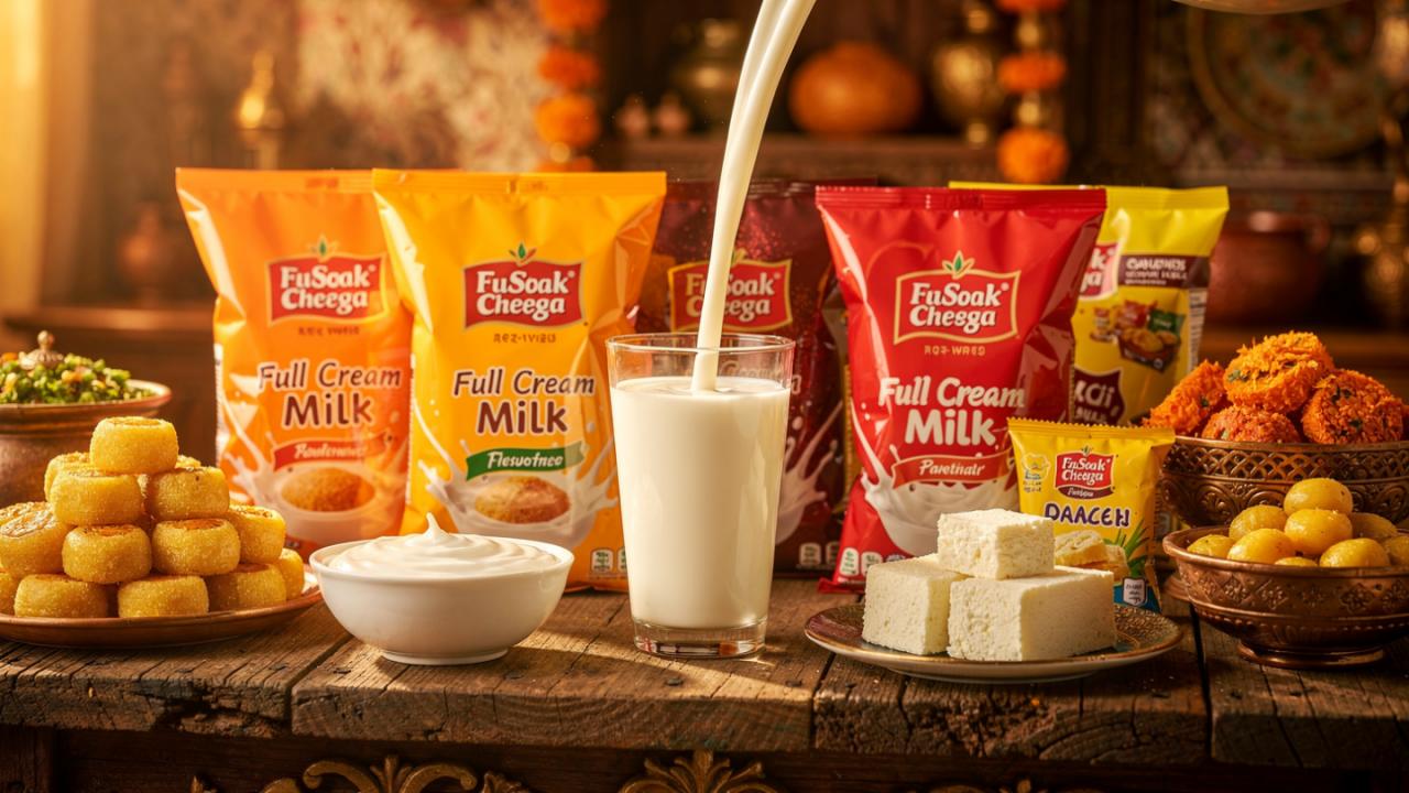 पीले, लाल, हरे रंग के दूध के पैकेट