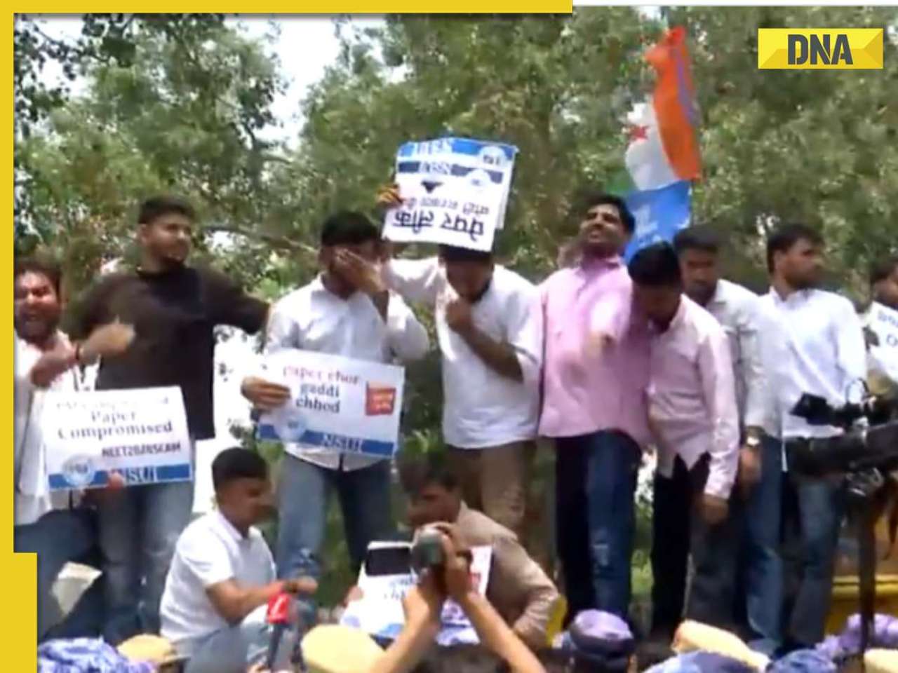 During the protest, students carried placards and shouted slogans. One of the placards said, “Doctor degree on sale.”