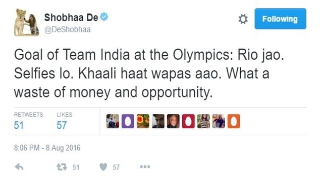 Raj Wapas Download - Rio 2016: Twitter slams Shobhaa De for mocking Team India at Olympics