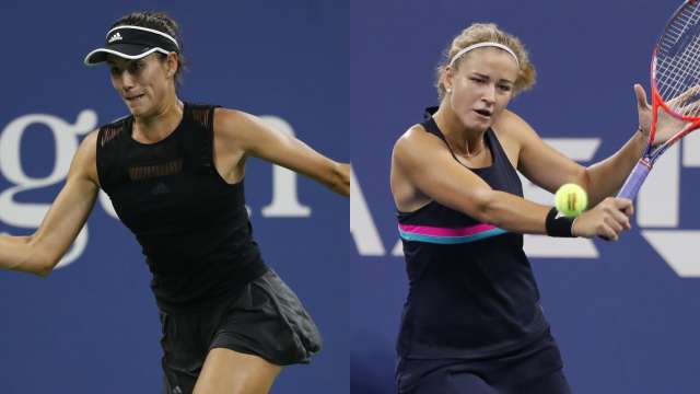 Garbine Muguruza (L) and Karolina Muchova in action on Thursday