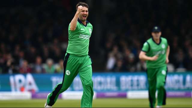 Tim Murtagh celebrates taking a wicket on Wednesday