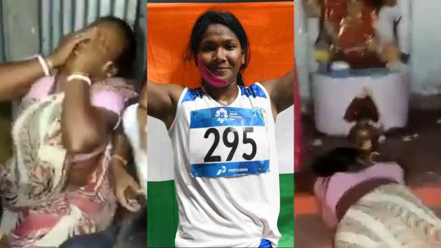 Swapna Barman (C) after winning the gold medal and her inconsolable mother as she watches the race