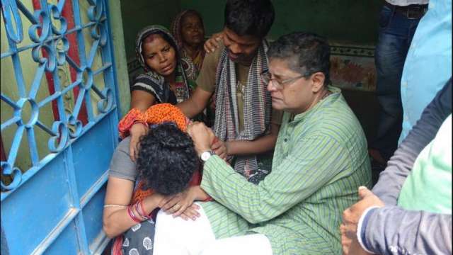 Jay Panda at the village where two children drowned Jay Panda at the village where two children drowned