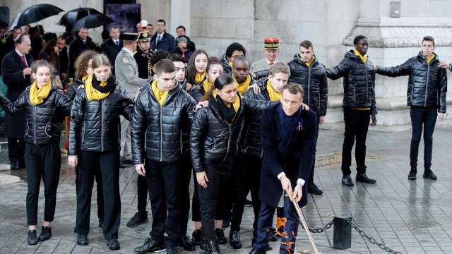  Emmanuel Macron delivers a speech during a commemoration ceremony for Armistice Day