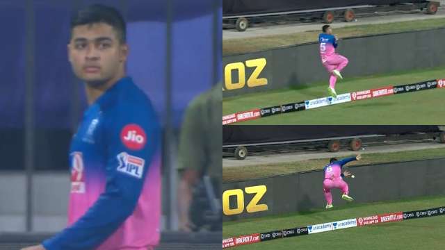 Watch Riyan Parag S Leapfrog Effort To Stop Mayank Agarwal S Sixer In Rr Vs Kxip Ipl 2020 Clash