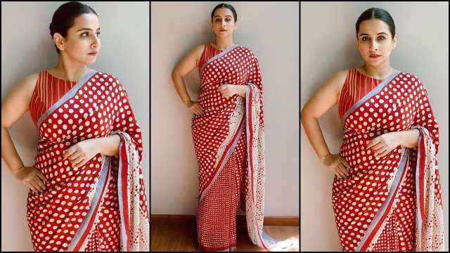 Vidya Balan paired her red and white polka dot sari with an interesting  sleeveless striped blouse