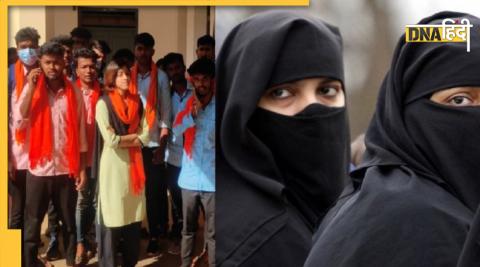 karnataka muslim girl student attend college with hijab 100 boys wear saffron shawls 