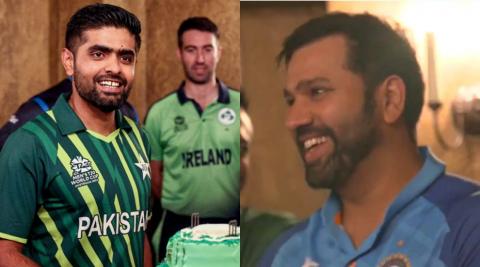 Rohit Sharma clapping during Babar Azam cake cutting ceremony