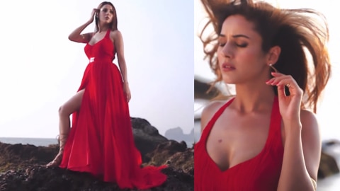 Shehnaaz Gill in Hot Red Thigh High-Slit Gown