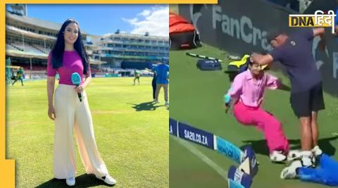 sa20 pakistan anchor zainab abbas fall down on boundry line sam curran bawling for mi cape town